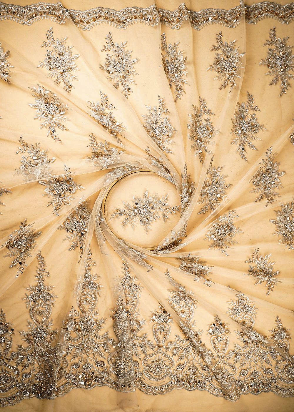 Golden-Imported-Net-Fabric-With-All-Over-Sequins,-Katdana,-Bead-And-Zari-Work-With-One-Side-Border-22128-close-view