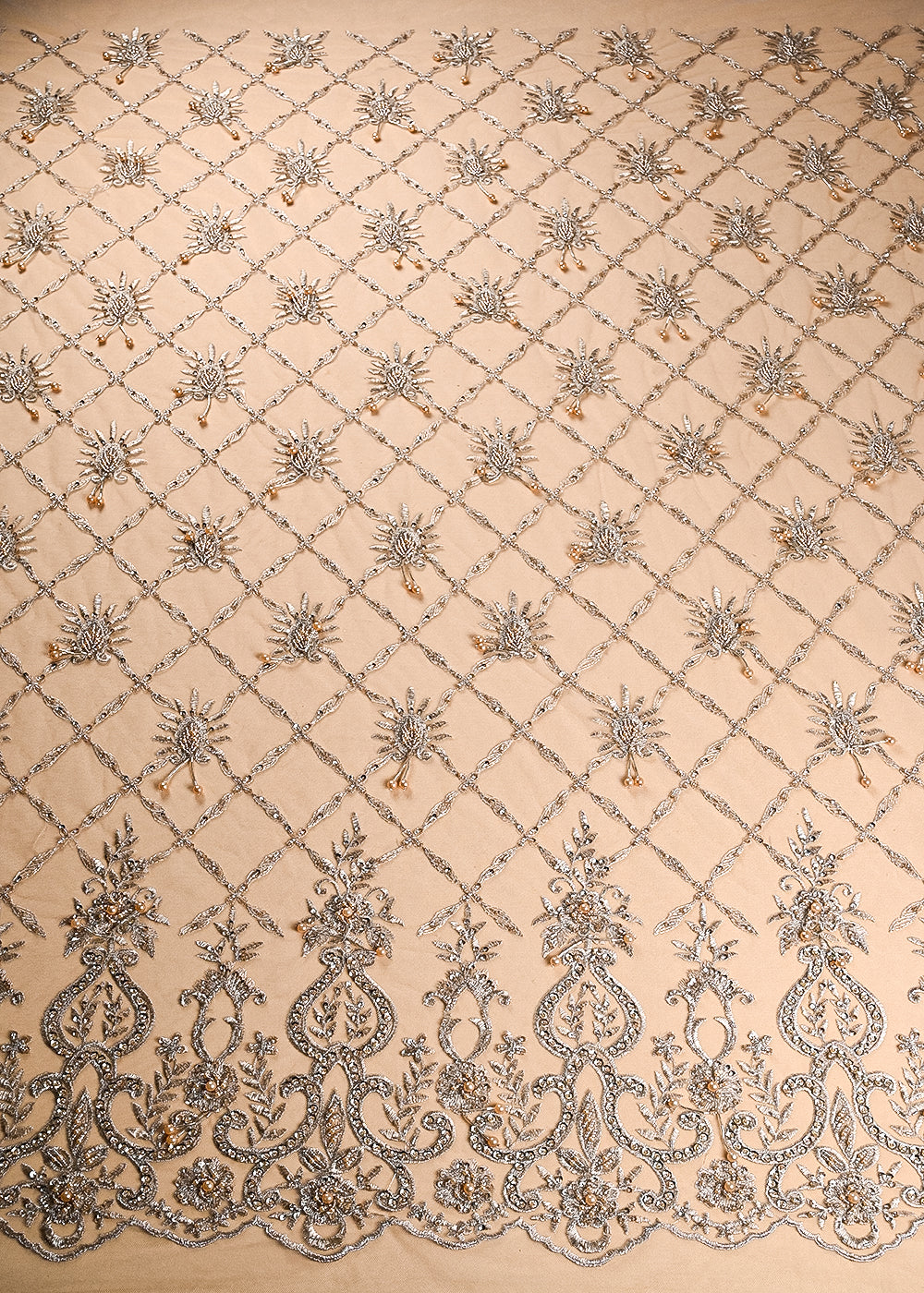 Dusty-Pink-Imported-Net-Fabric-With-All-Over-Zari,-Sequins,-Katdana-And-Bead-Work-With-Hangings-And-One-Side-Border-22132-work-view