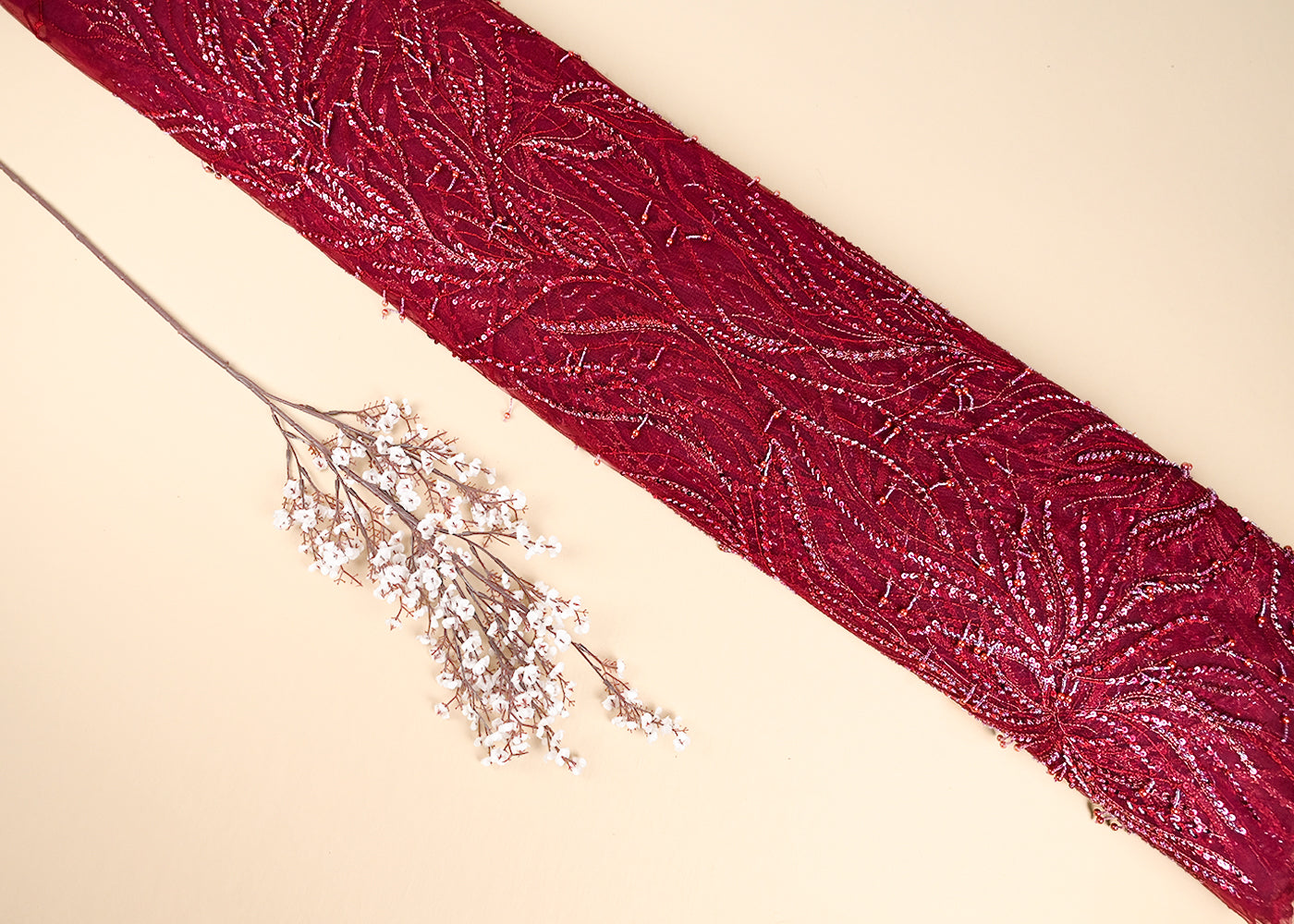 Maroon Imported Net Fabric With All Over Thread, Bead And Sequins Work 22135