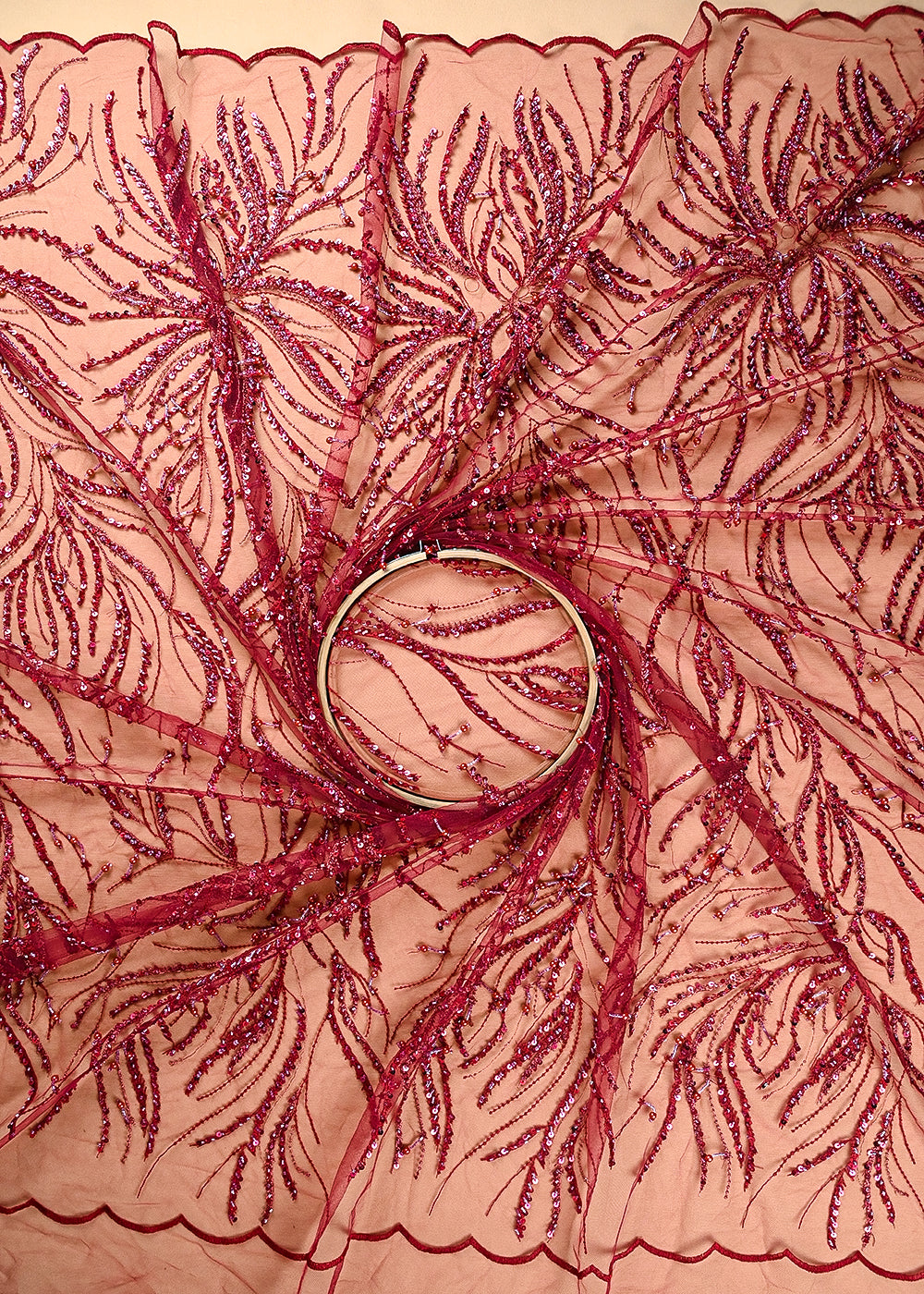 Maroon Imported Net Fabric With All Over Thread, Bead And Sequins Work 22135