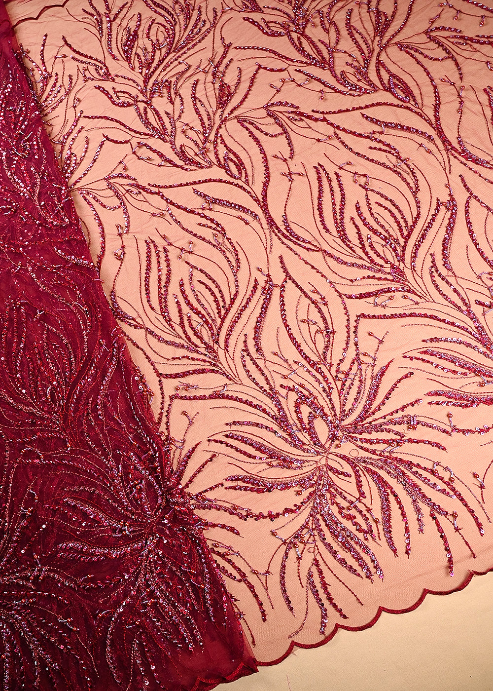 Maroon Imported Net Fabric With All Over Thread, Bead And Sequins Work 22135