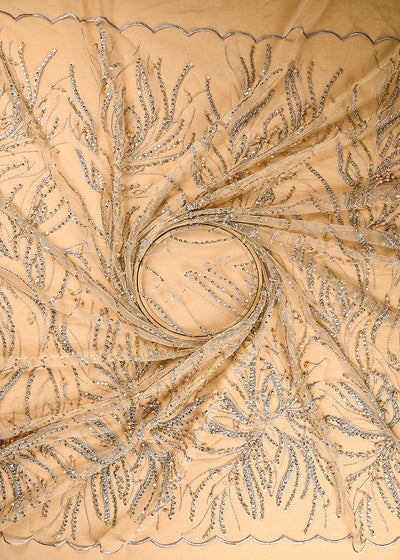 Golden Net Fabric With All Over Bead And Sequins Work With Hangings And Two Side Scalloped Edges 22136