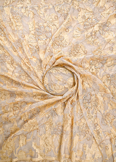 White Organza Fabric With All Over Katdana, Bead And Sequins Work & Golden Foil Work Flowers 22138