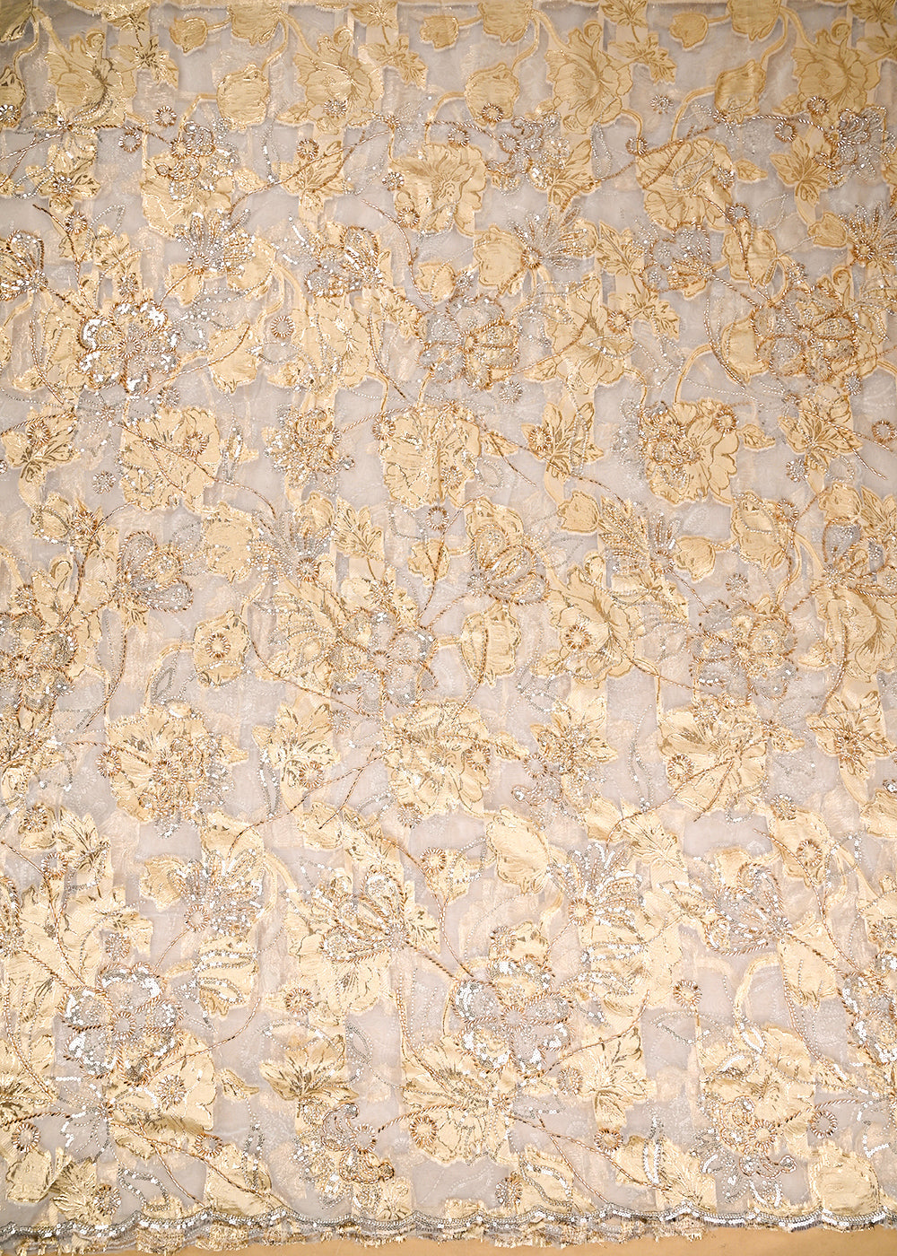 Golden-Organza-Fabric-With-All-Over-Zari,-Beads,-Sequins-And-Katdana-Work-With-One-Side-Scalloped-Border-22138-work-view