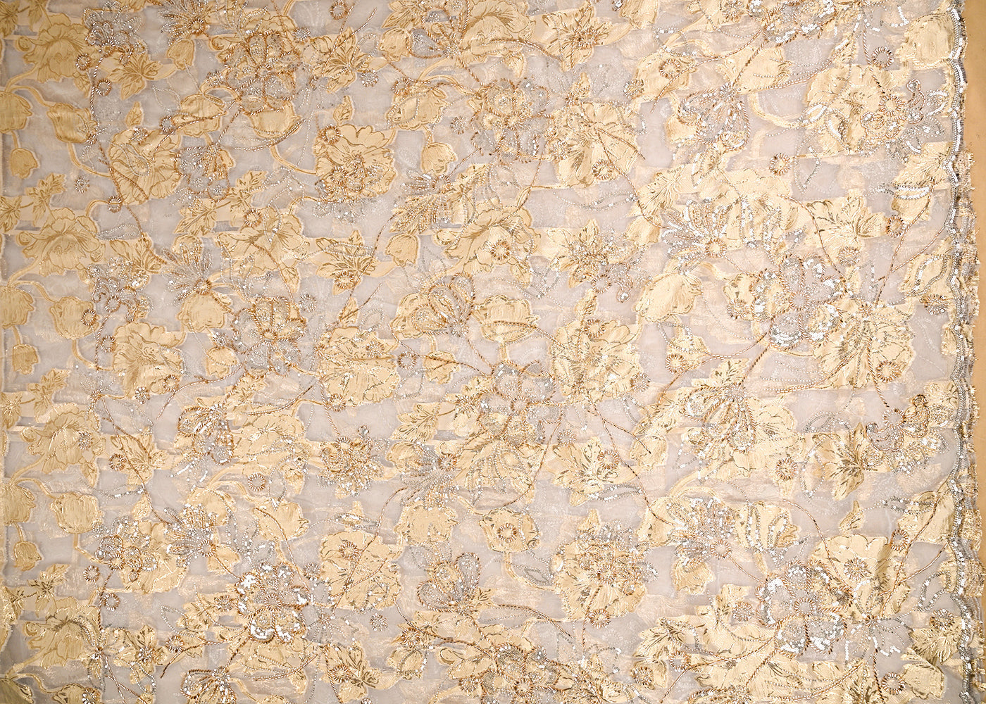 Golden-Organza-Fabric-With-All-Over-Zari,-Beads,-Sequins-And-Katdana-Work-With-One-Side-Scalloped-Border-22138-work-view