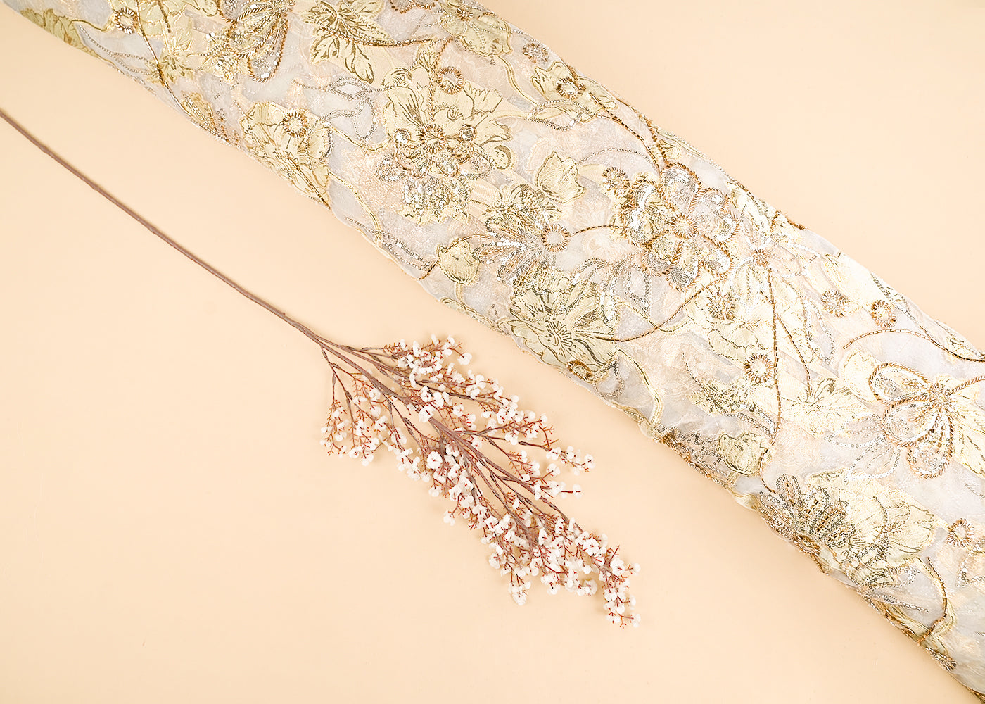 Lemon Organza Fabric With All Over Zari, Beads, Sequins And Katdana Work With One Side Scalloped Border 22139