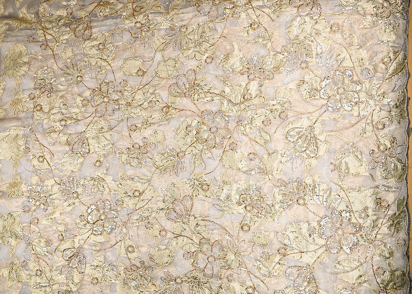 Lemon-Organza-Fabric-With-All-Over-Zari,-Beads,-Sequins-And-Katdana-Work-With-One-Side-Scalloped-Border-22139-work-view