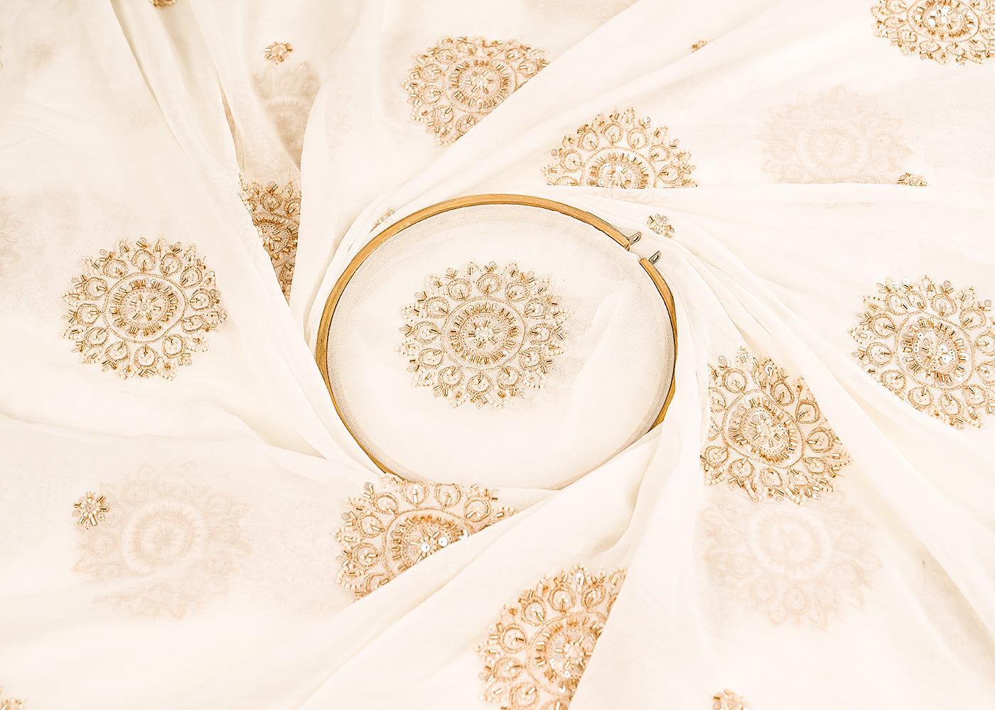 White Dyeble Georgette Fabric With All Over Sequins, Beads And Katdana Work 22142