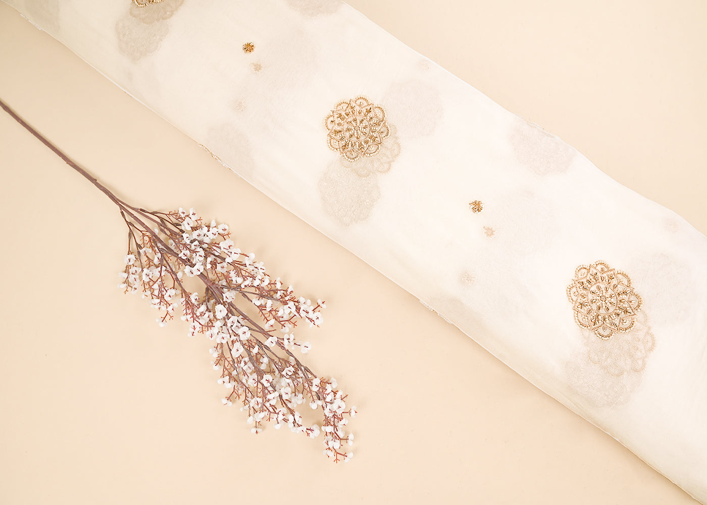 White Dyeble Georgette Fabric With All Over Sequins, Beads And Katdana Work 22143