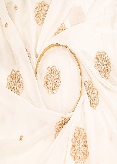 White Dyeable Georgette Fabric With All Over Sequins, Beads And Katdana Work 22143