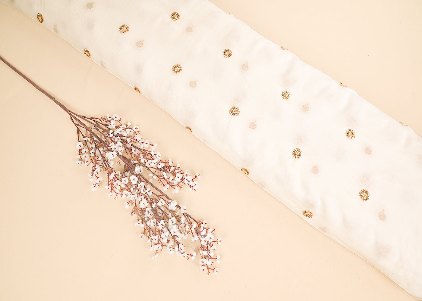 White Dyeble Georgette Fabric With All Over Sequins, Beads And Katdana Work 22145