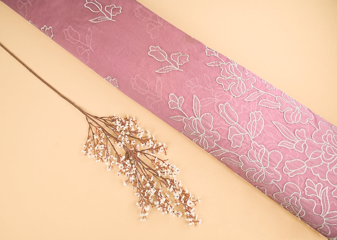 Pink Cotton Fabric With All Over Thread And Patch Work With One Side Scalloped Border 22148