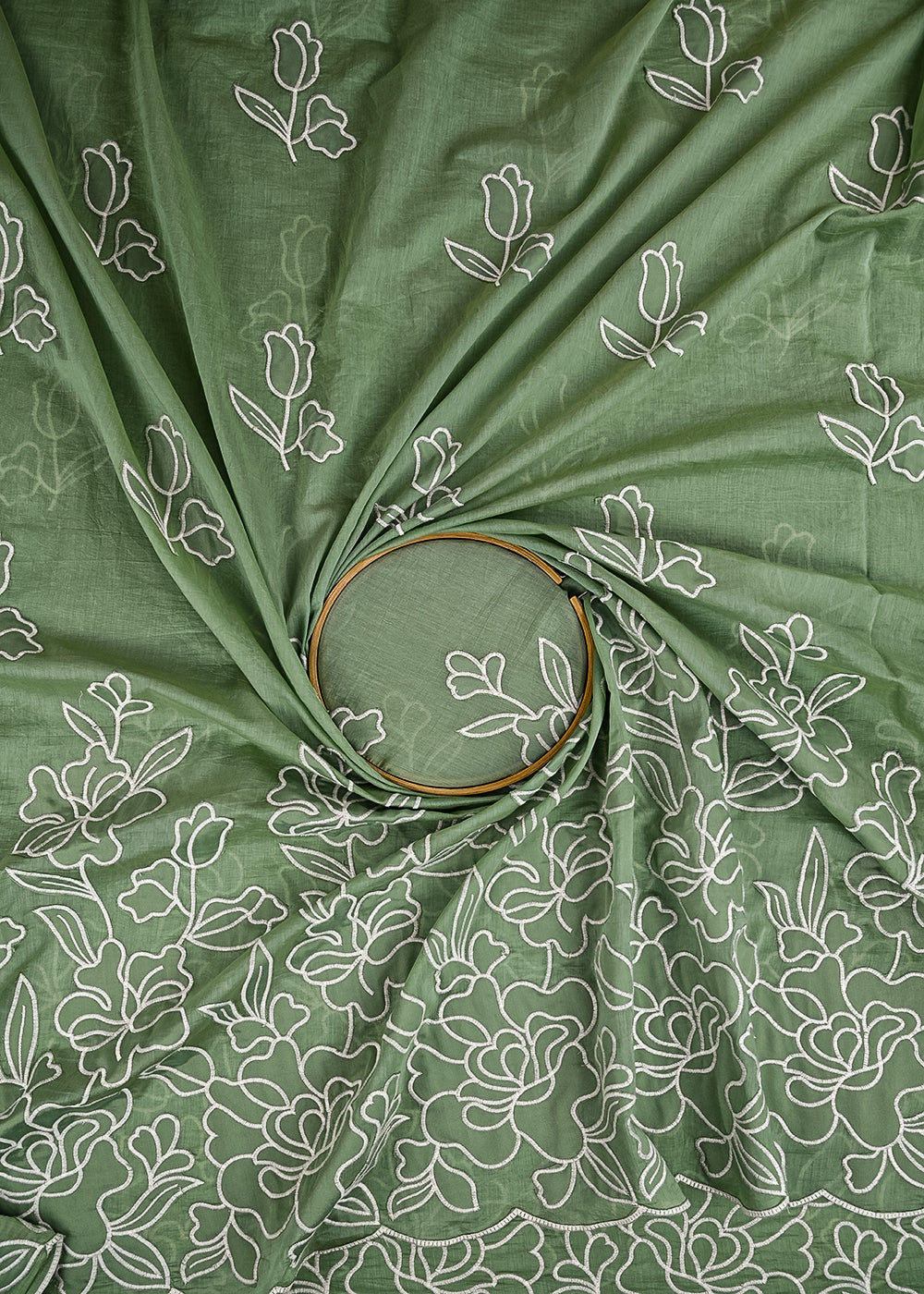 Green Cotton Fabric With All Over Thread And Patch Work With One Side Scalloped Border 22149