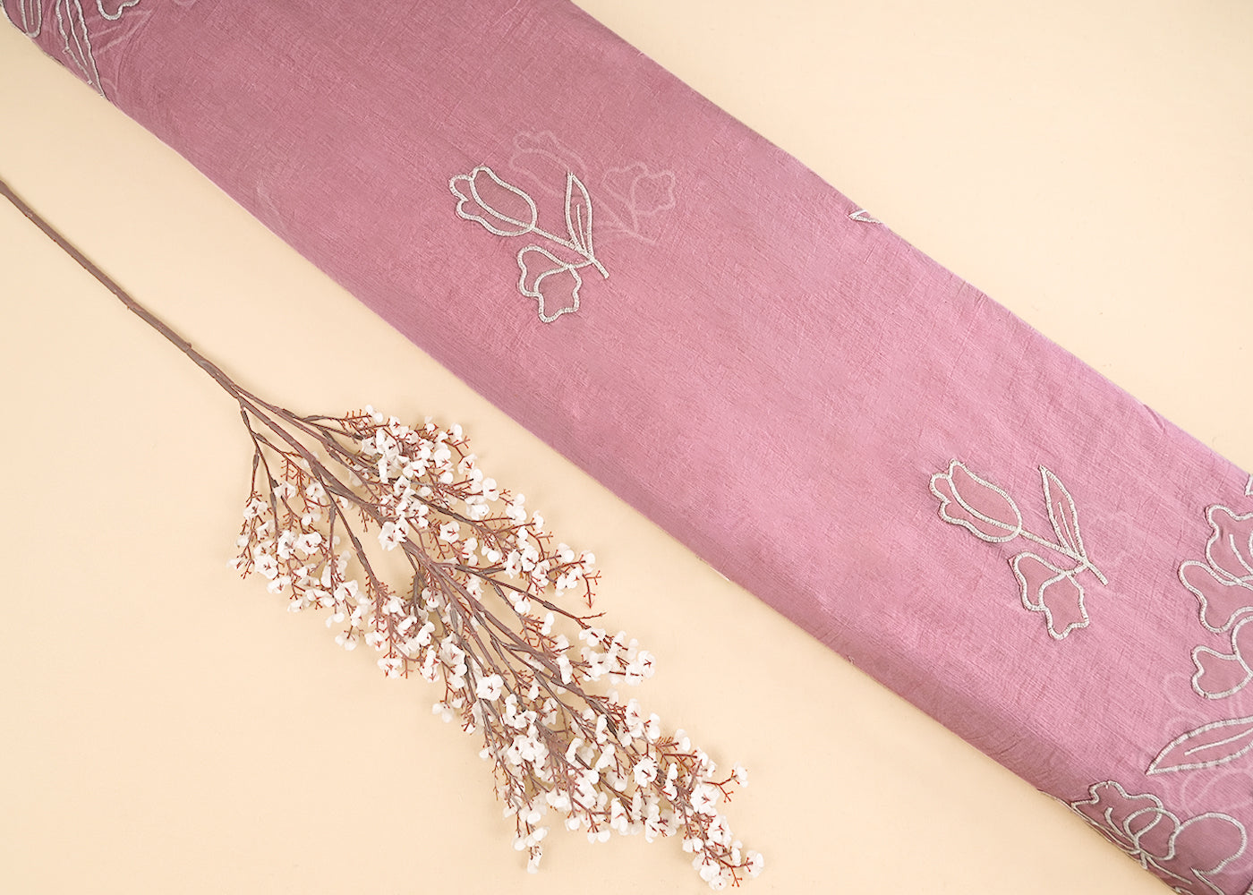 Pink Cotton Dupatta Fabric With All Over Thread And Patch Work With One Side Scalloped Border 22152