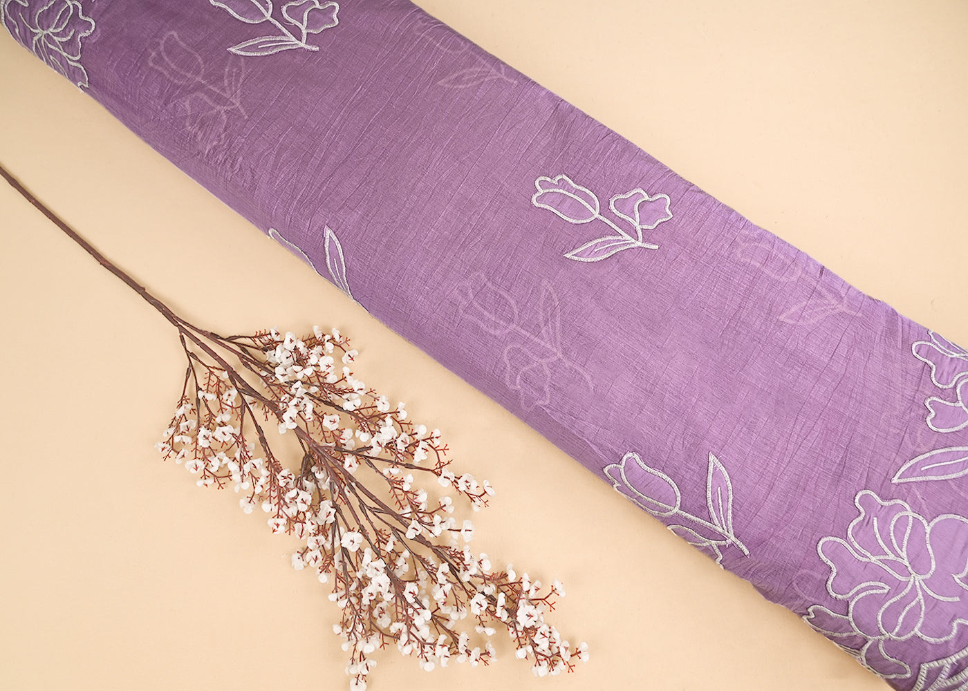 Purple Cotton Dupatta Fabric With All Over Thread And Patch Work With One Side Scalloped Border 22153