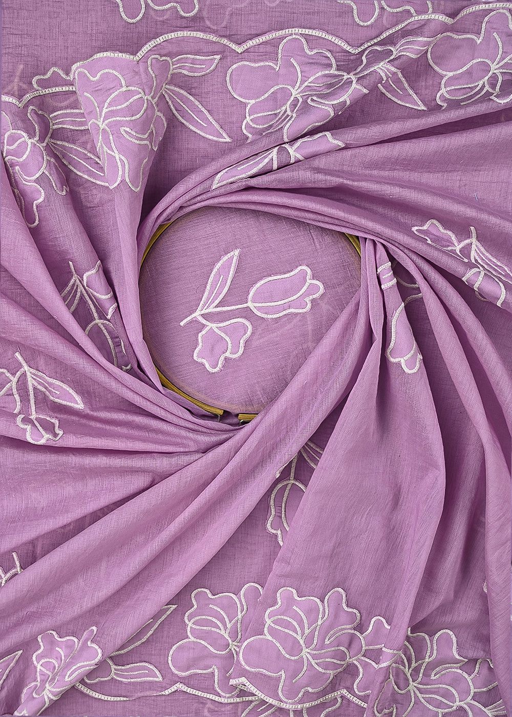 Purple Cotton Dupatta Fabric With All Over Thread And Patch Work With One Side Scalloped Border 22153