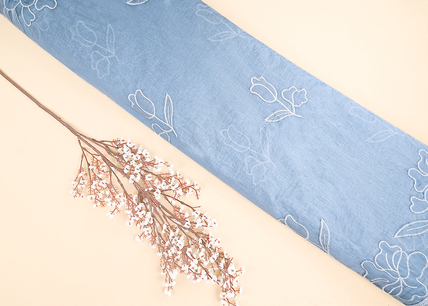 Sky Blue Cotton Dupatta Fabric With All Over Thread And Patch Work With One Side Scalloped Border 22154