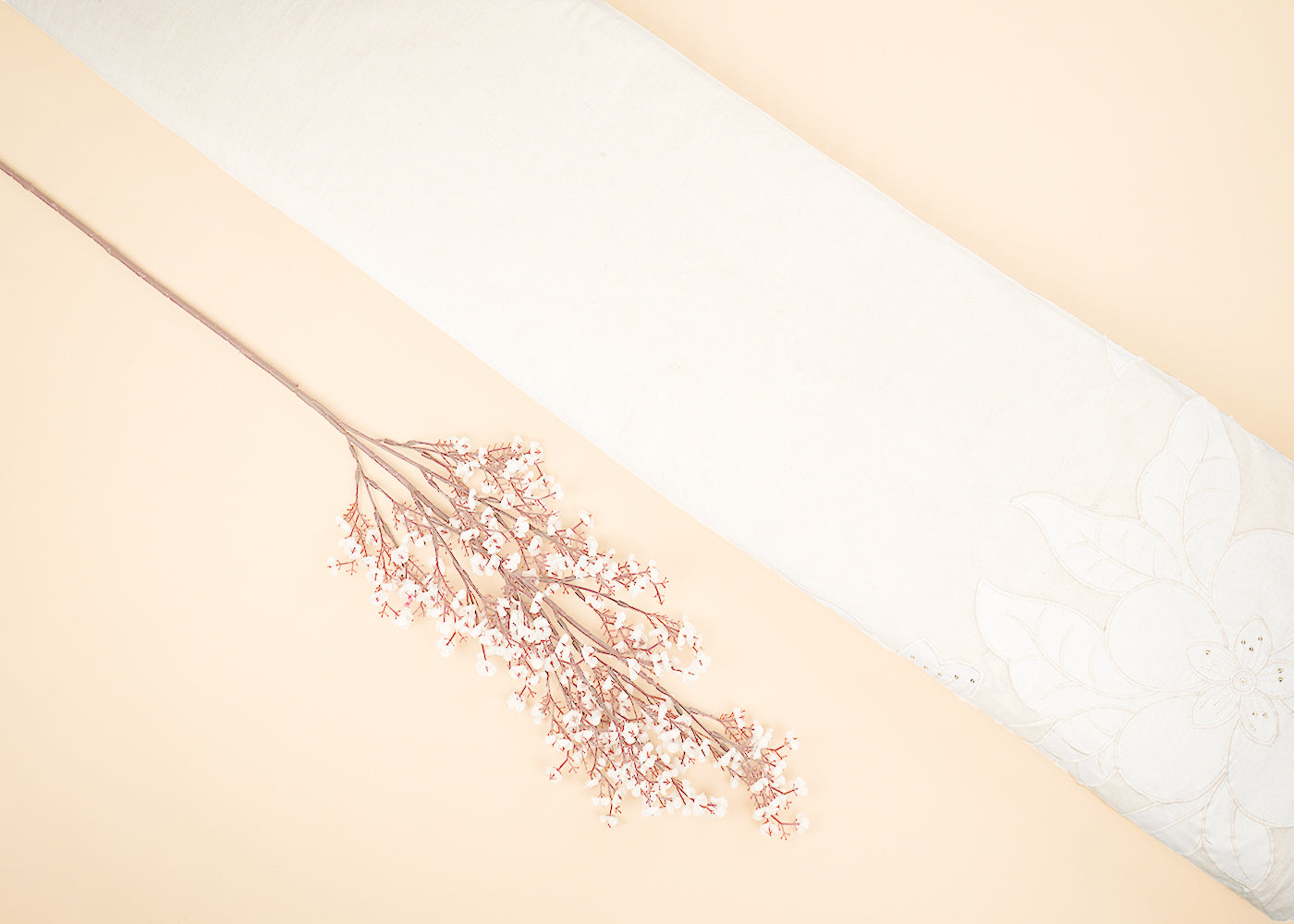 White Dyeable Kora Cotton Fabric With Allover Thread, Sequins And Patch Work With One Side Scalloped Border 22155