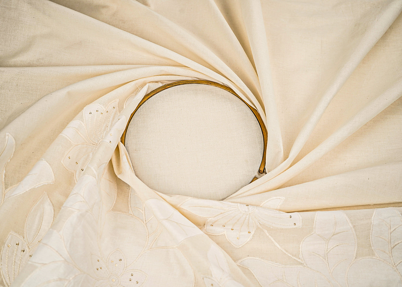 White Dyeable Kora Cotton Fabric With Allover Thread, Sequins And Patch Work With One Side Scalloped Border 22155