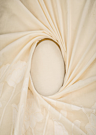 White Dyeable Kora Cotton Fabric With Allover Thread And Patch Work With One Side Scalloped Border 22156