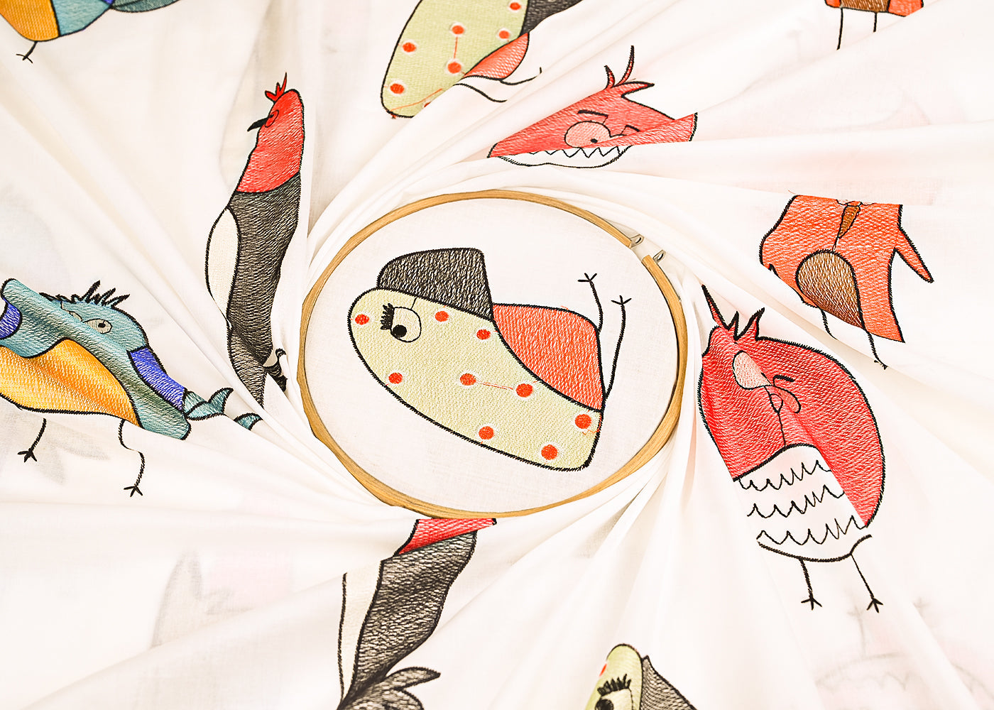 White Dyeable Cotton Fabric With All Over Multicolor Thread Work 22159