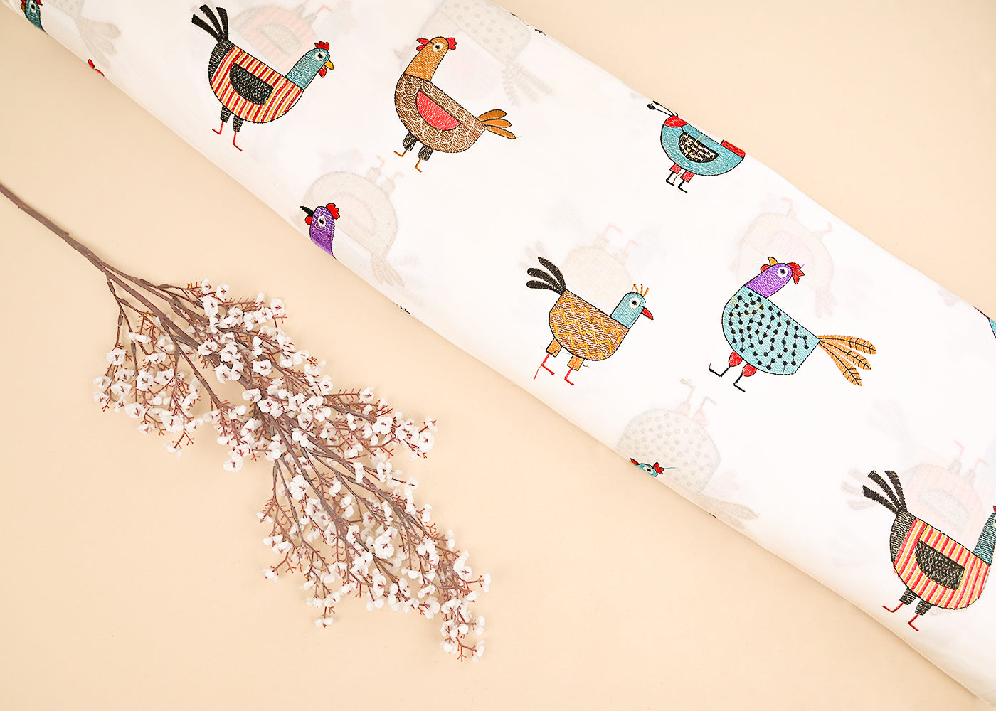 White Dyeable Cotton Fabric With All Over Multicolor Thread Work 22161