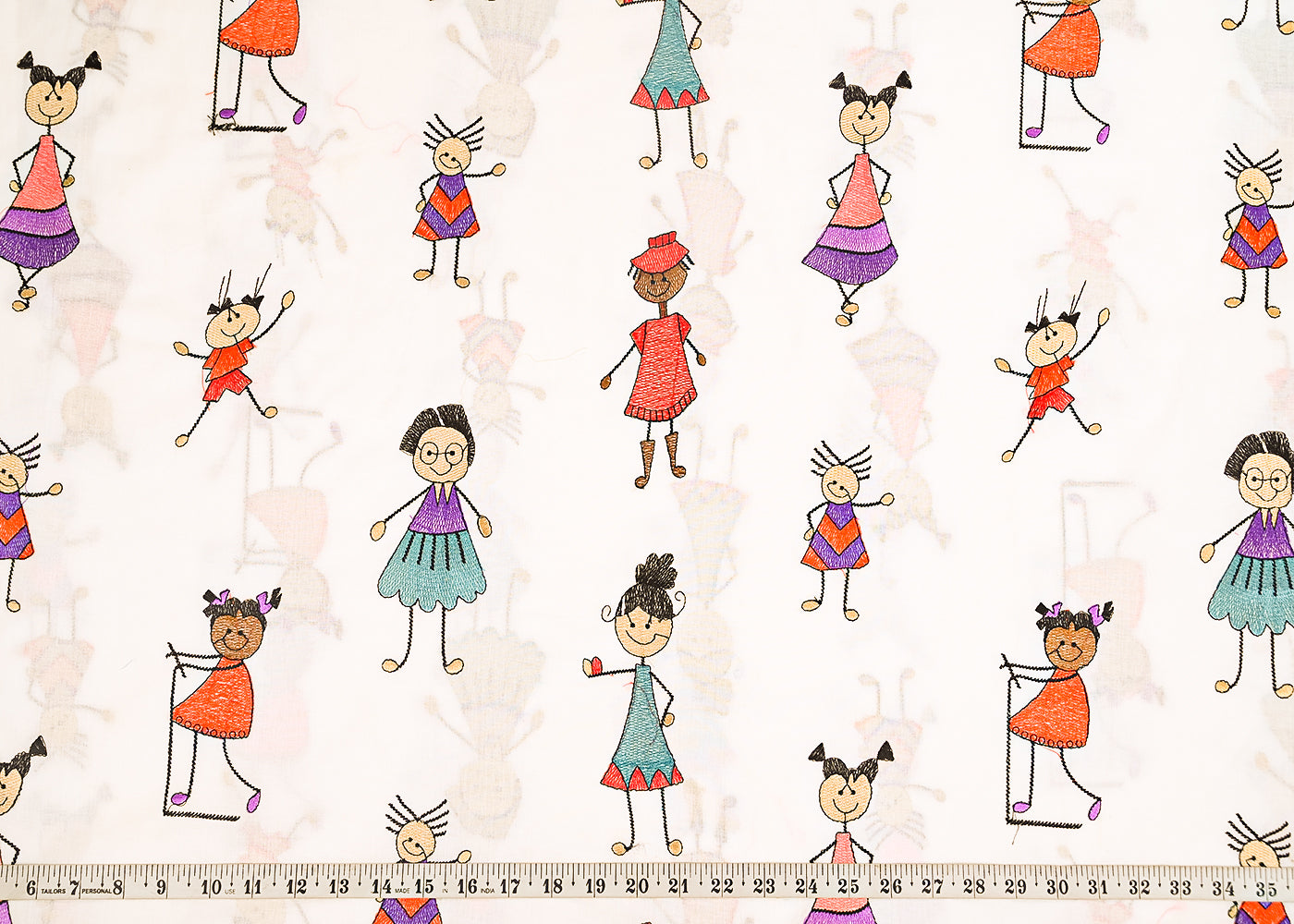 White Dyeable Cotton Fabric With All Over Multicolor Thread Work 22162