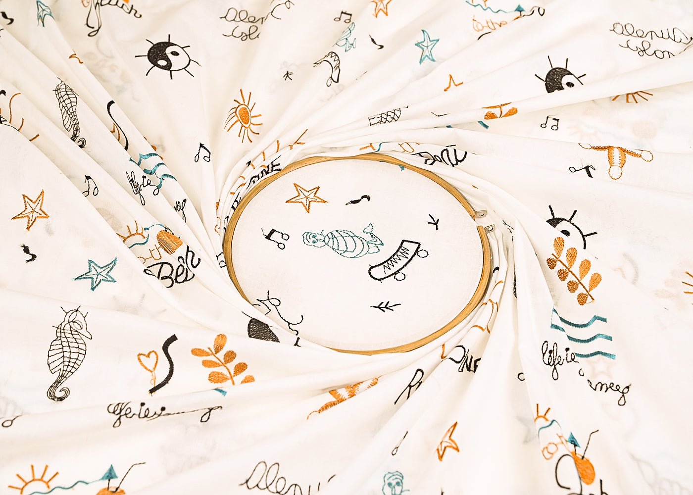 White Dyeable Cotton Fabric With All Over Multicolor Thread Work 22163