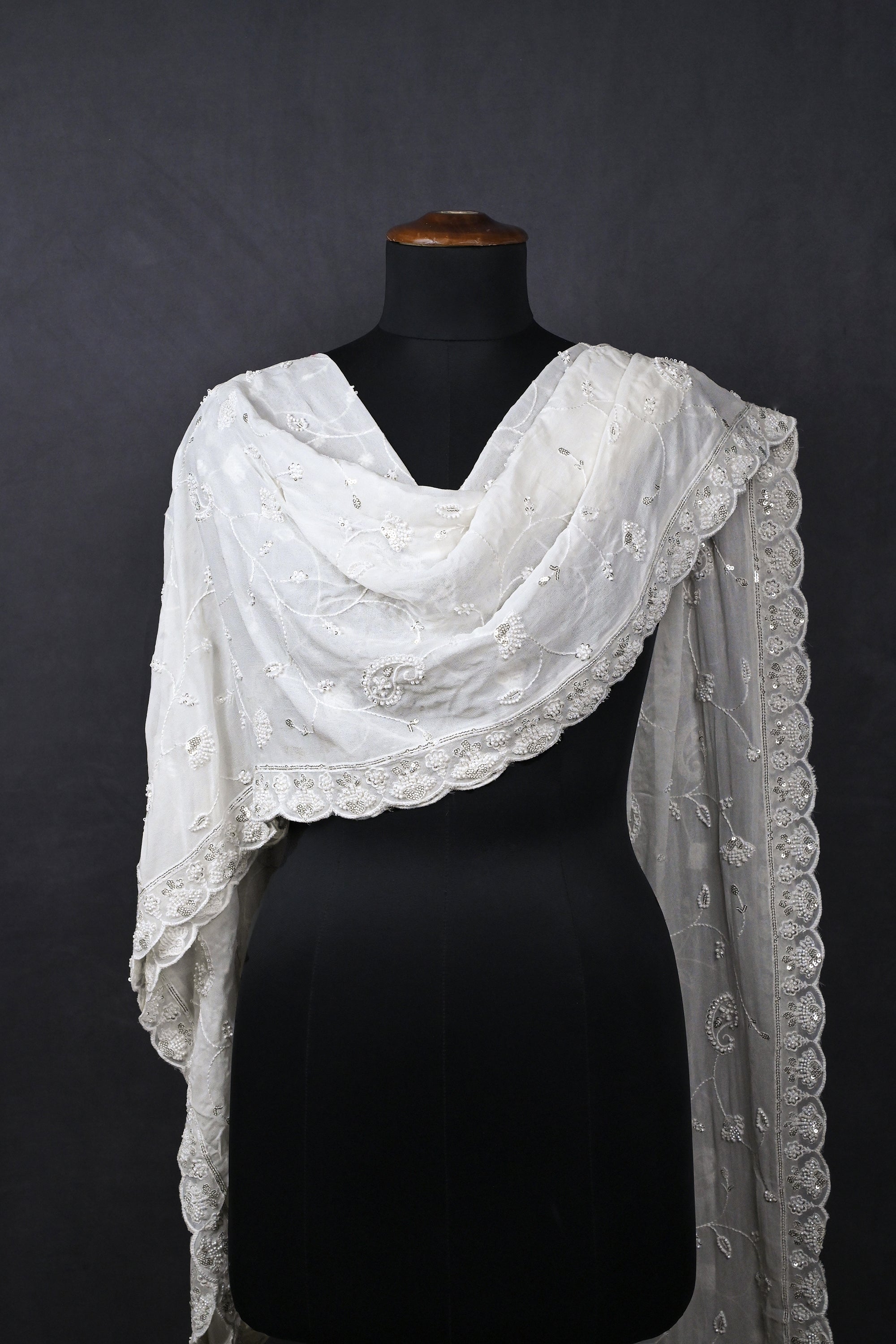 White Dyeable Georgette Dupatta With All Over Beads, Sequins And Thread Work 22174