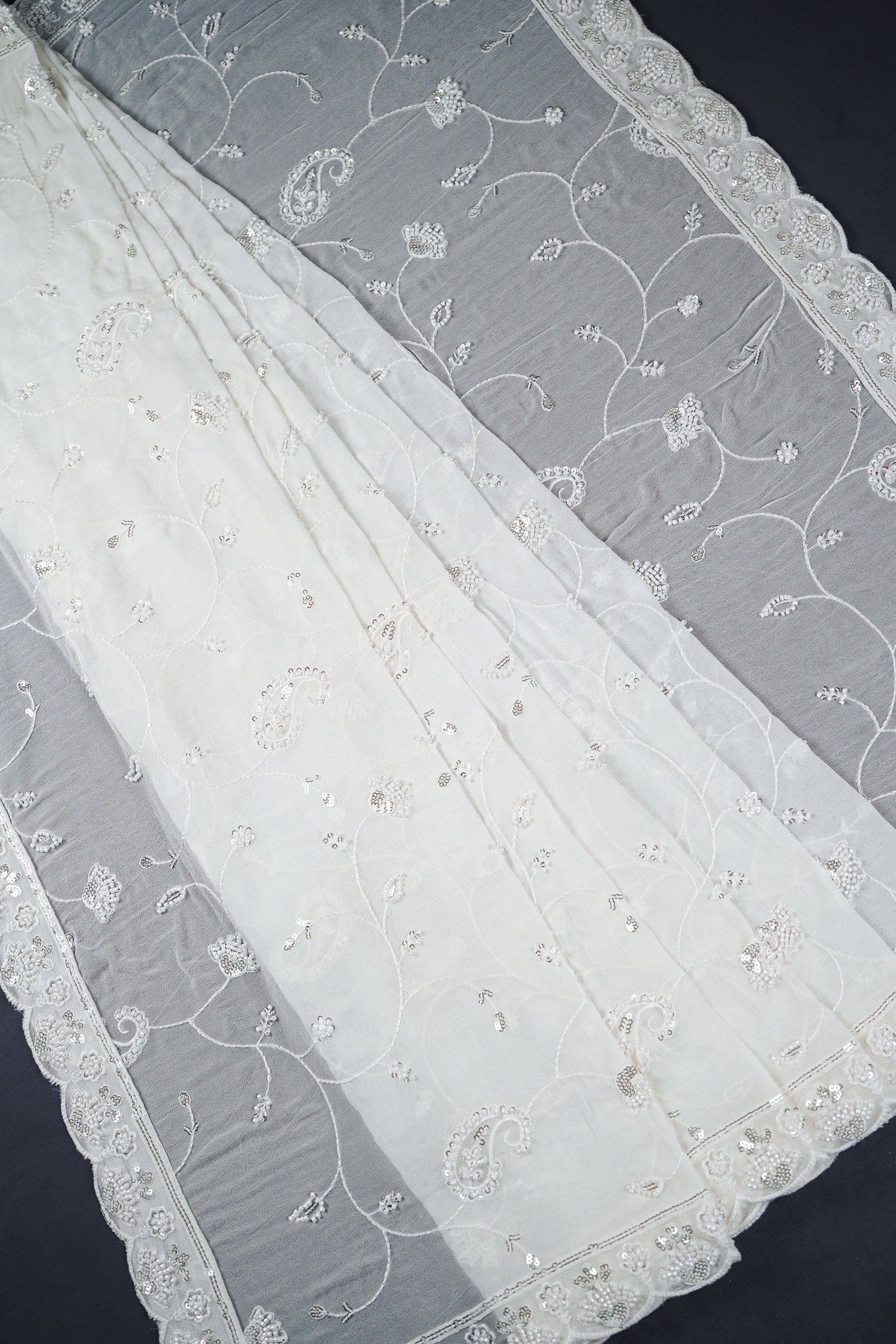 White Dyeable Georgette Dupatta With All Over Beads, Sequins And Thread Work 22174