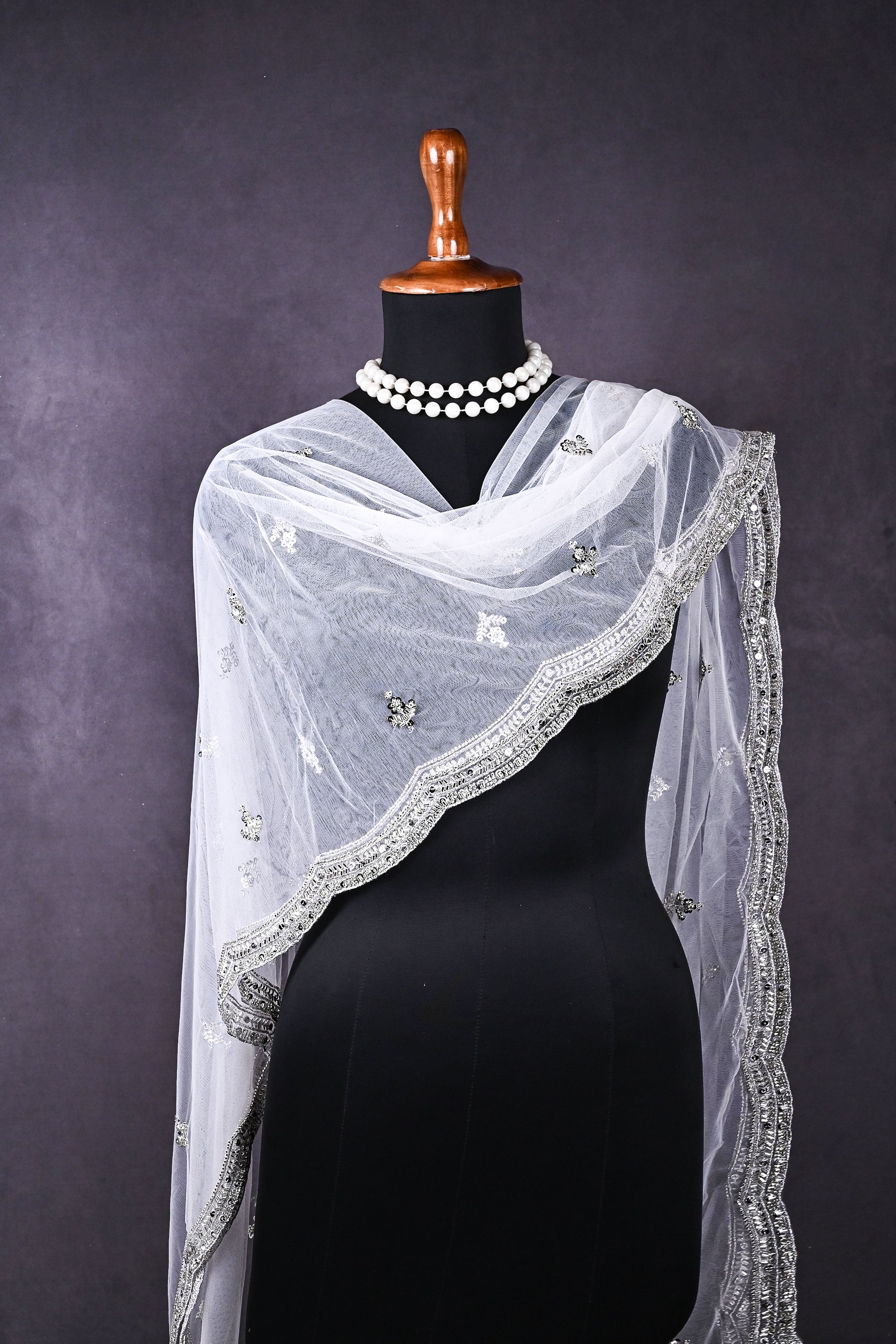 White Dyeable Organza Dupatta All Over Sequins And Katdana Work 22177