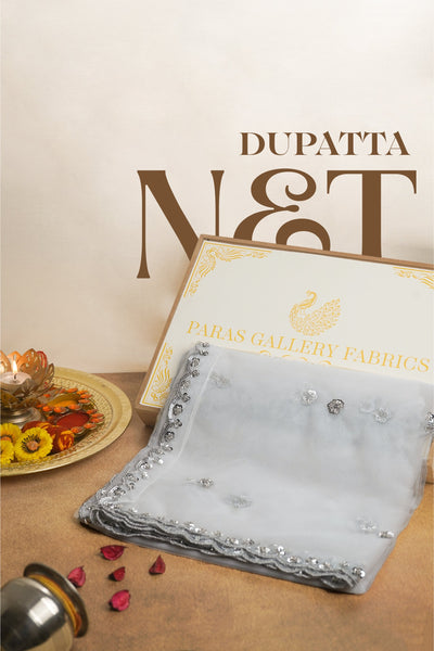 White Net Dupatta With All Over Silver Katdana, Bead And Sequins Work With Scalloped Borders 22178