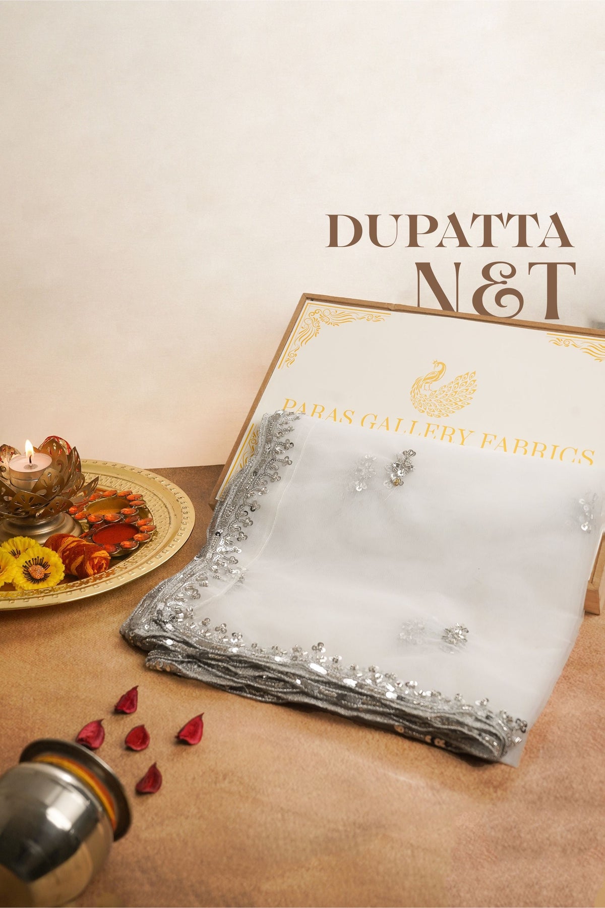White Dyeable Net Dupatta All Over Silver Zari, Sequins And Katdana Work 22181