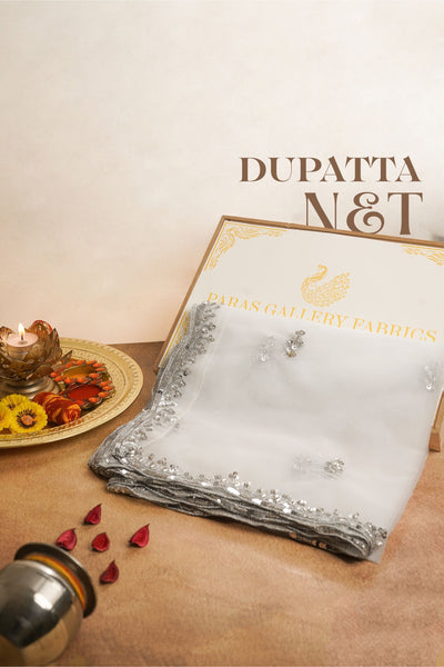 White Dyeable Net Dupatta All Over Silver Zari, Sequins And Katdana Work 22181