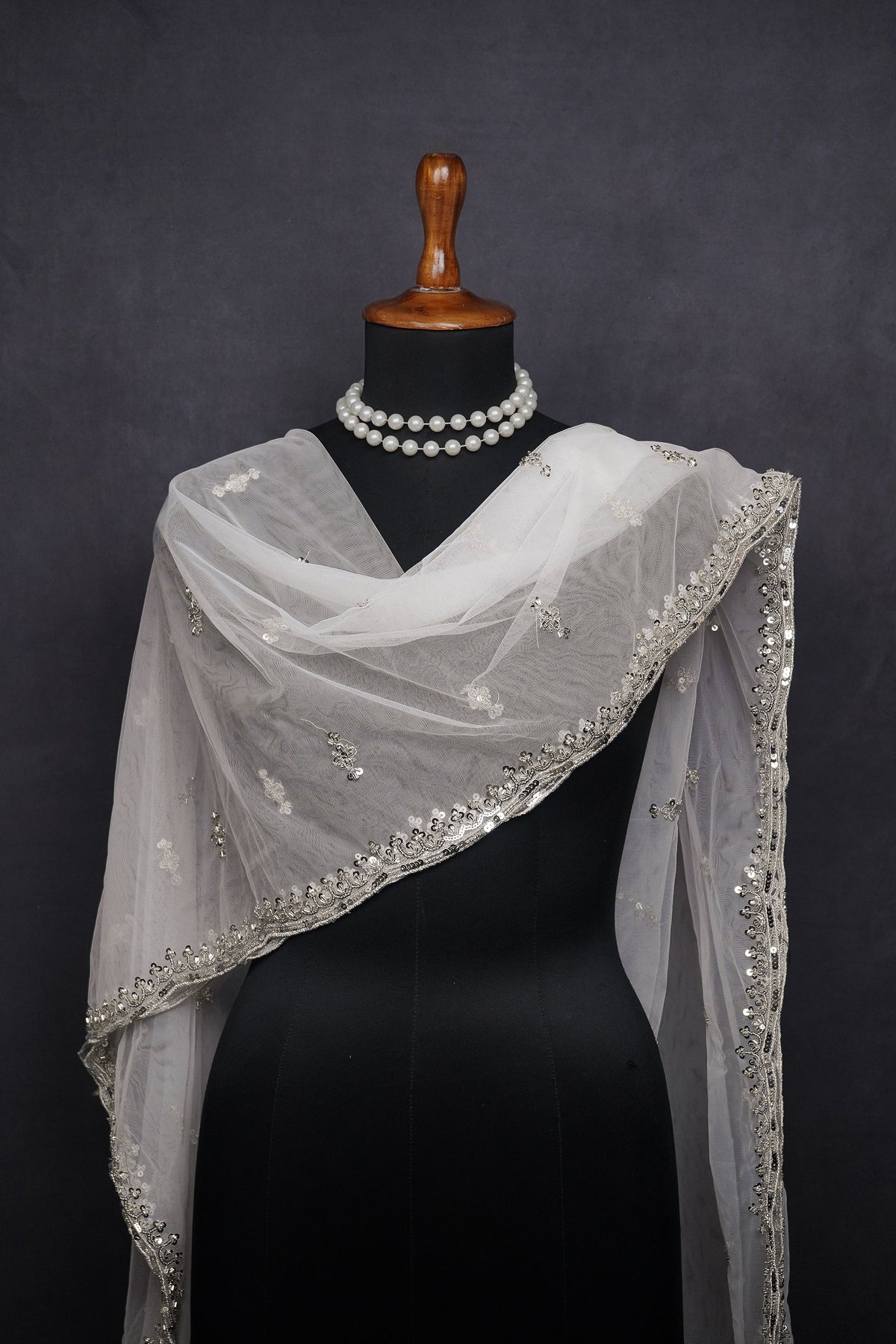 White Dyeable Net Dupatta All Over Silver Zari, Sequins And Katdana Work 22181