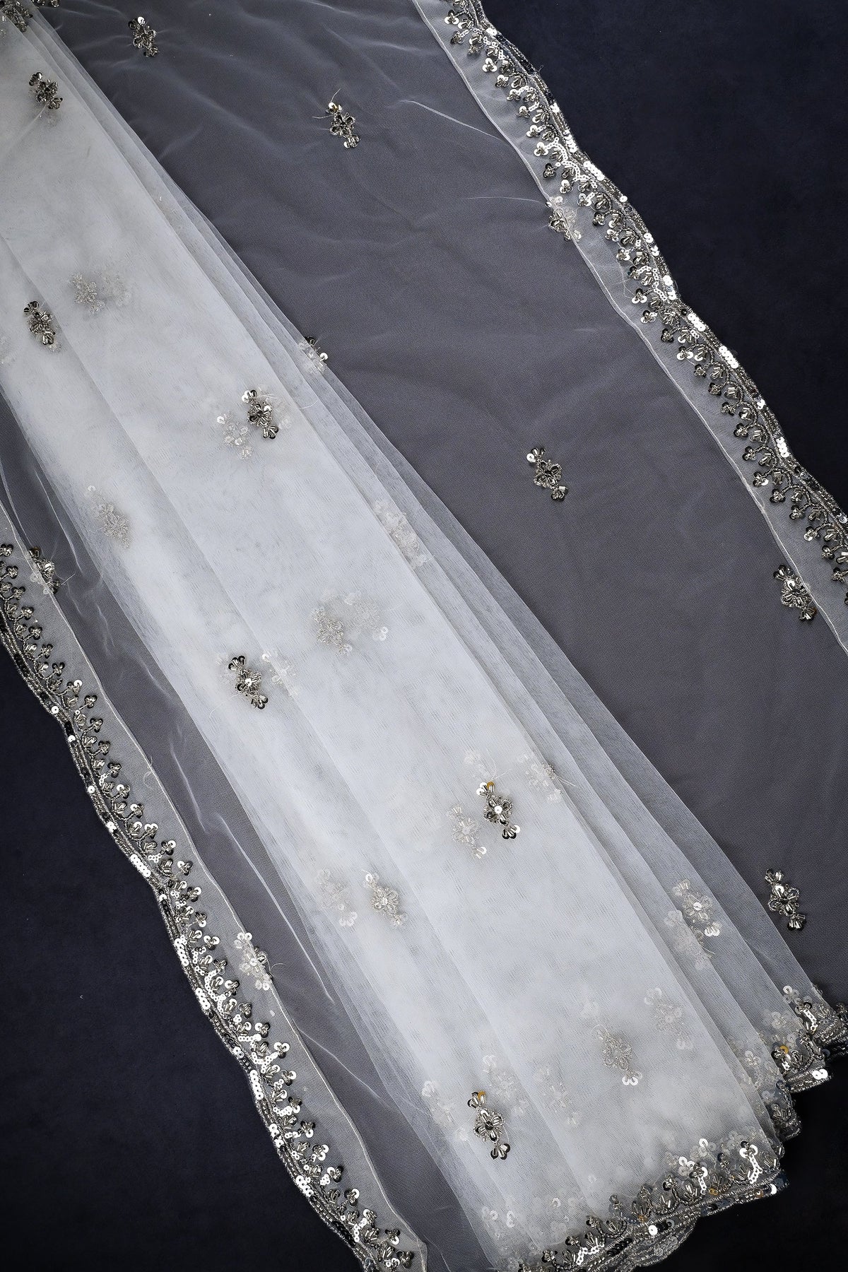 White Dyeable Net Dupatta All Over Silver Zari, Sequins And Katdana Work 22181