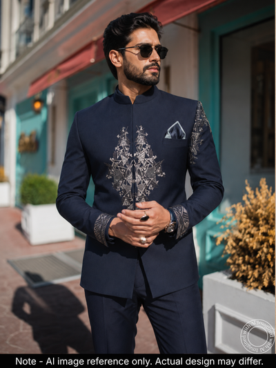 The Riwaayat - Unstitched Navy Blue Jodhpuri Jacket Fabric For Men 22195