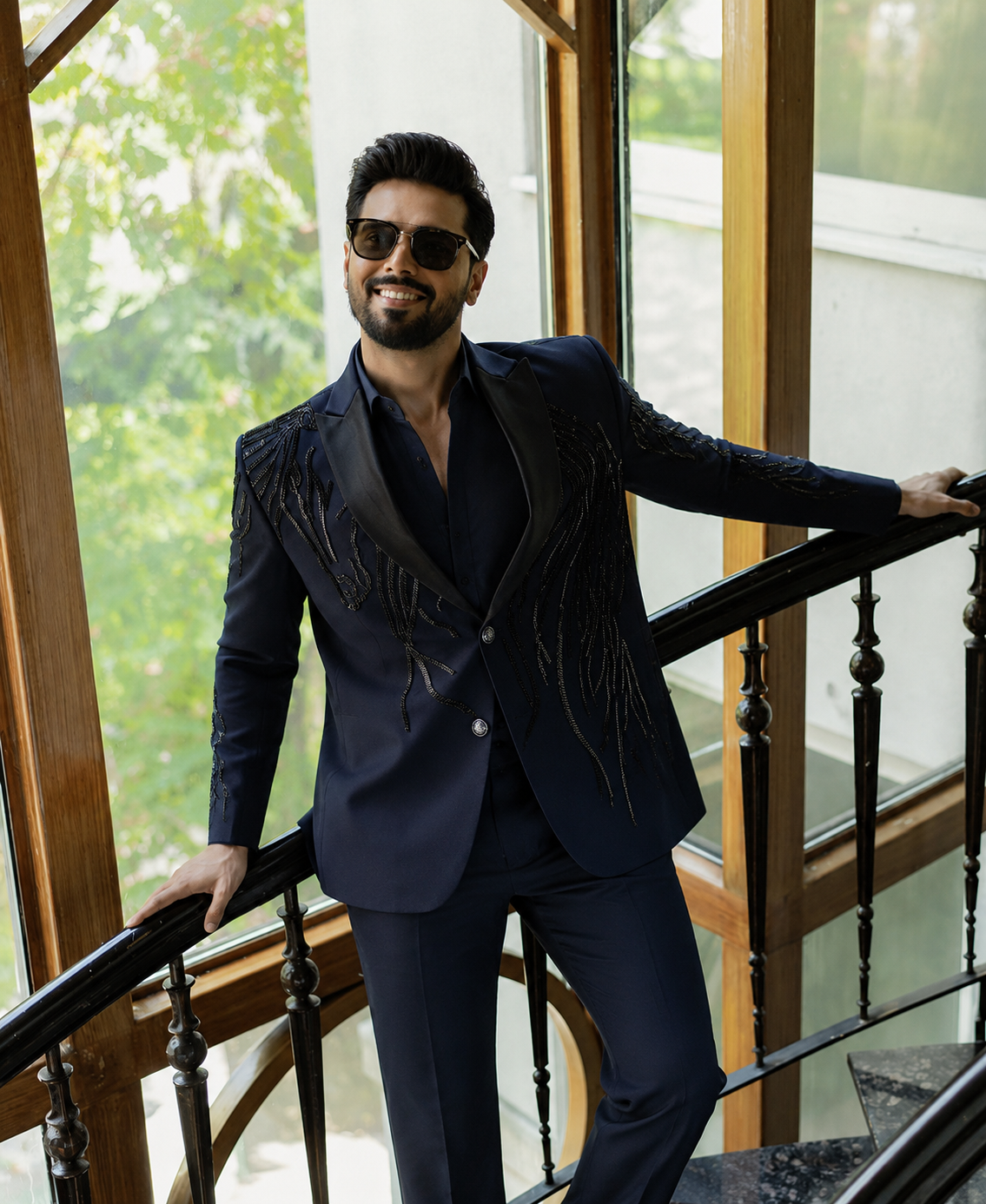 The Virasat - Unstitched Navy Blue Indowestern Fabric For Men 22202
