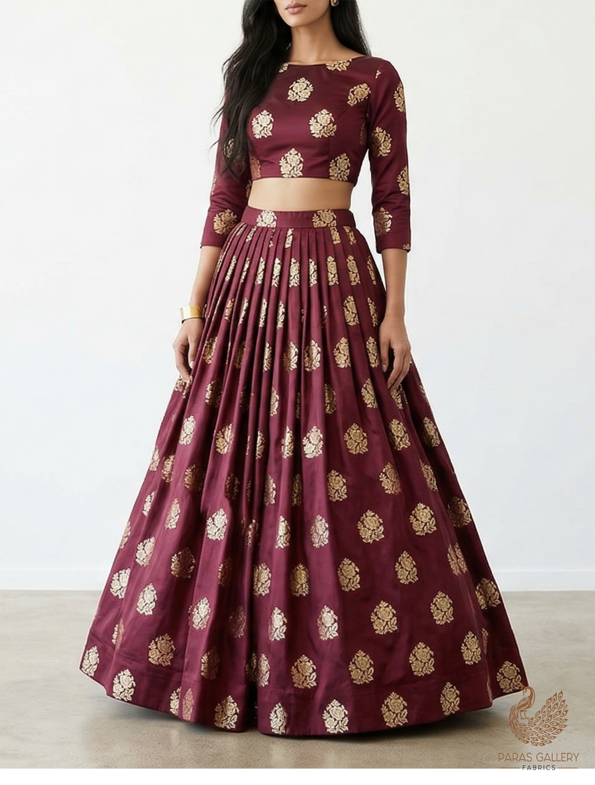 Wine Banarasi Brocade Fabric With All Over Golden Zari Handloom 22234