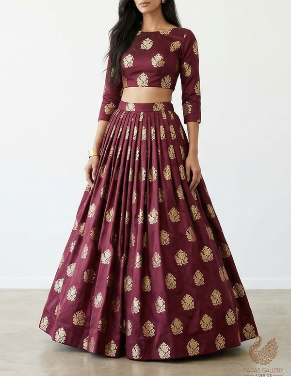 Wine Banarasi Brocade Fabric With All Over Golden Zari Handloom 22234