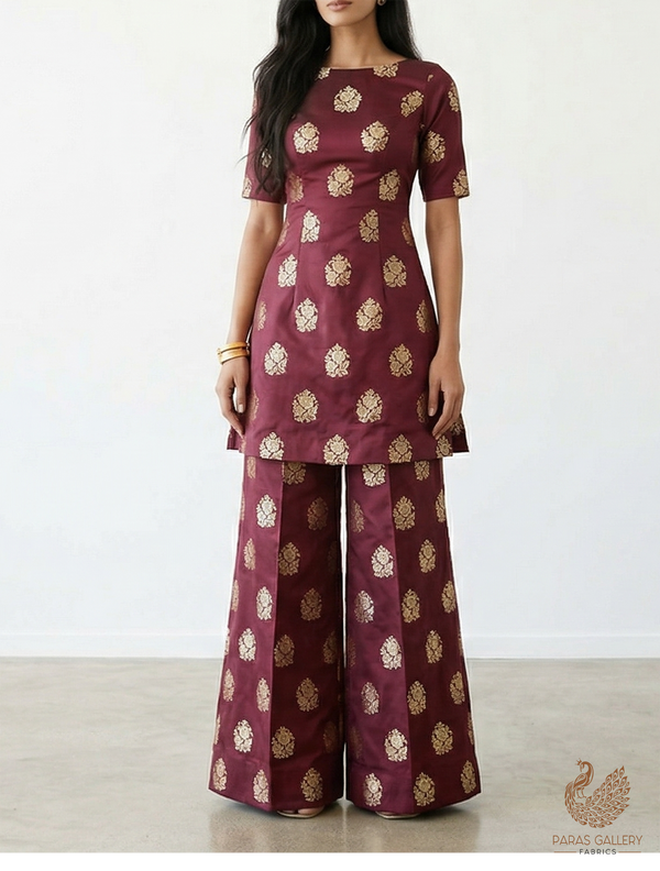 Wine Banarasi Brocade Fabric With All Over Golden Zari Handloom 22234