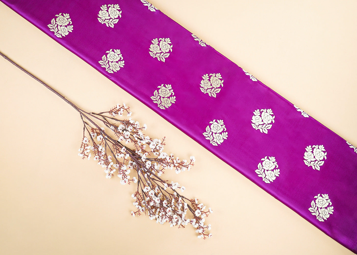 Purple Banarasi Brocade Fabric With All Over Golden Zari Handloom 22236