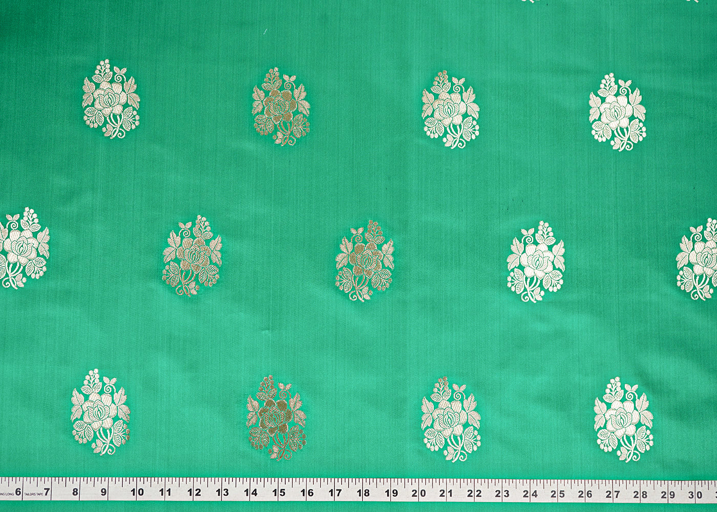 Teal Green Banarasi Brocade Fabric With All Over Golden Zari Handloom 22238