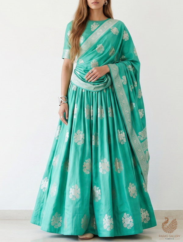 Teal Green Banarasi Brocade Fabric With All Over Golden Zari Handloom 22238