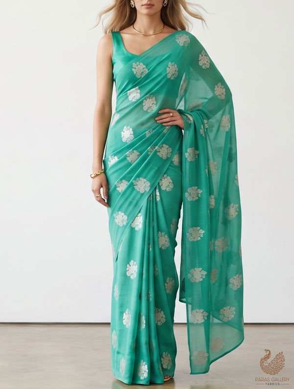 Teal Green Banarasi Brocade Fabric With All Over Golden Zari Handloom 22238