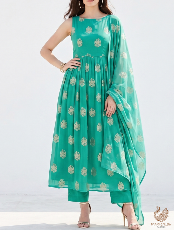 Teal Green Banarasi Brocade Fabric With All Over Golden Zari Handloom 22238