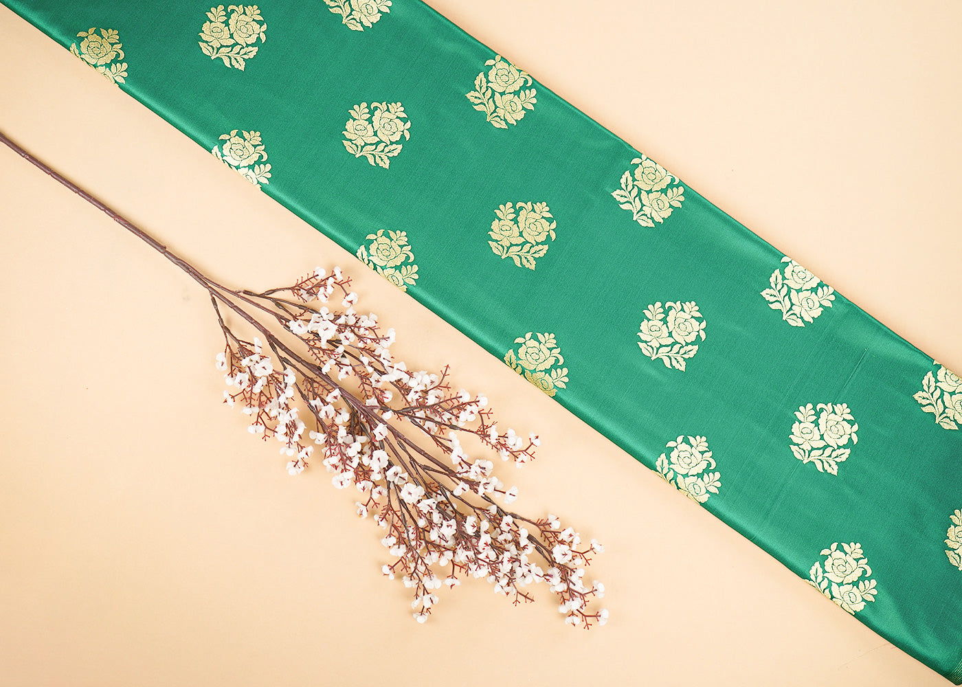 Rama Green Banarasi Brocade Fabric With All Over Golden Zari Handloom 22242