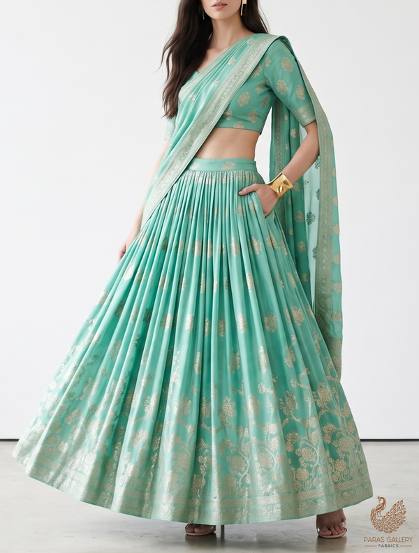 Mint Green Banarasi Brocade Fabric With All Over Golden Zari Handloom 22245