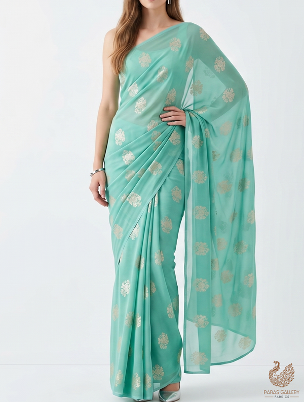 Mint Green Banarasi Brocade Fabric With All Over Golden Zari Handloom 22245