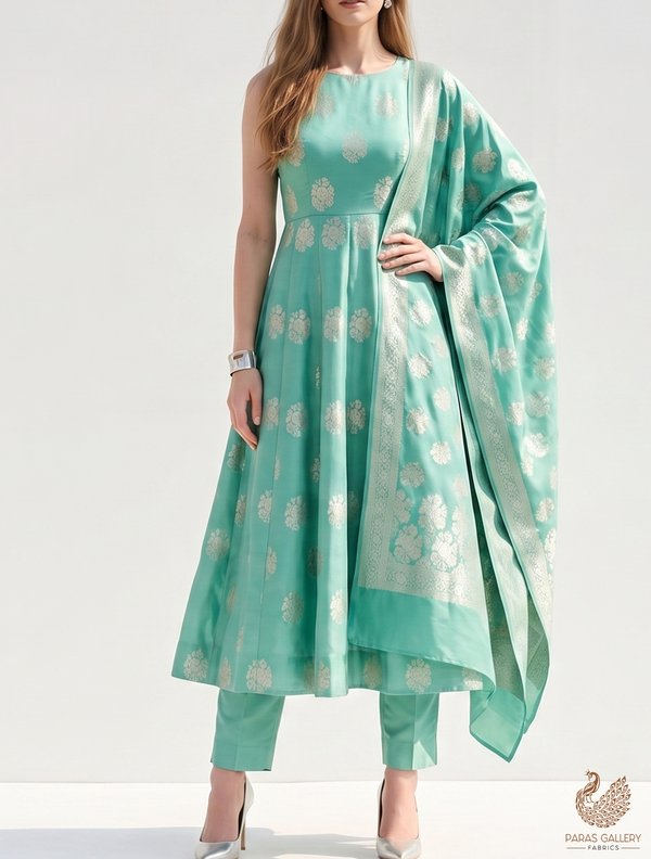 Mint Green Banarasi Brocade Fabric With All Over Golden Zari Handloom 22245